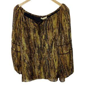 Anthropologie Love Sam Leather Silk Animal Print Peasant Boho Blouse Top Small S